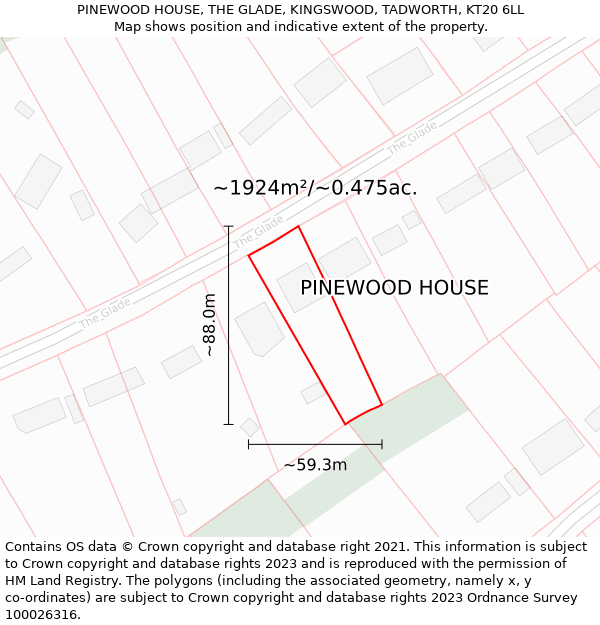 PINEWOOD HOUSE, THE GLADE, KINGSWOOD, TADWORTH, KT20 6LL: Plot and title map