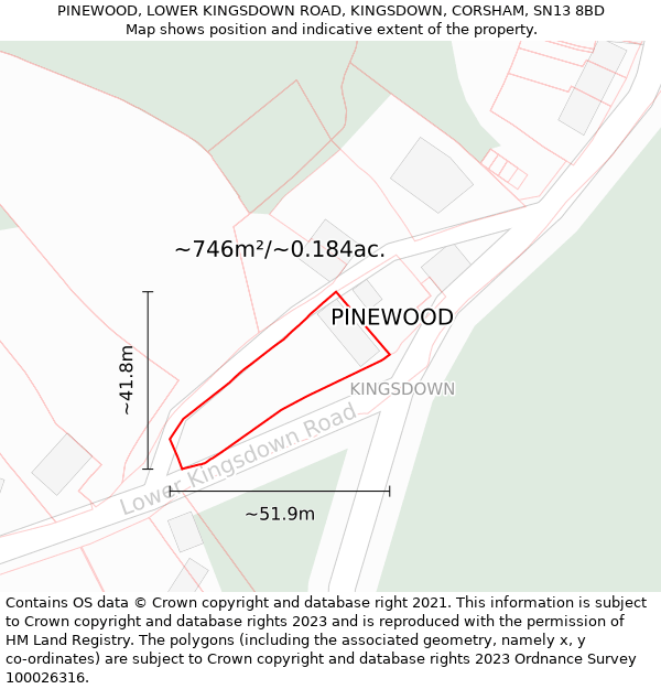 PINEWOOD, LOWER KINGSDOWN ROAD, KINGSDOWN, CORSHAM, SN13 8BD: Plot and title map