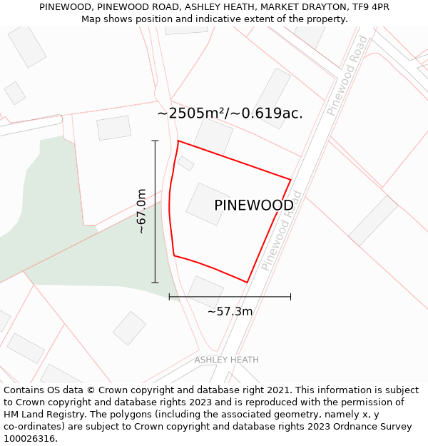 PINEWOOD, PINEWOOD ROAD, ASHLEY HEATH, MARKET DRAYTON, TF9 4PR: Plot and title map