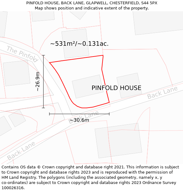 PINFOLD HOUSE, BACK LANE, GLAPWELL, CHESTERFIELD, S44 5PX: Plot and title map