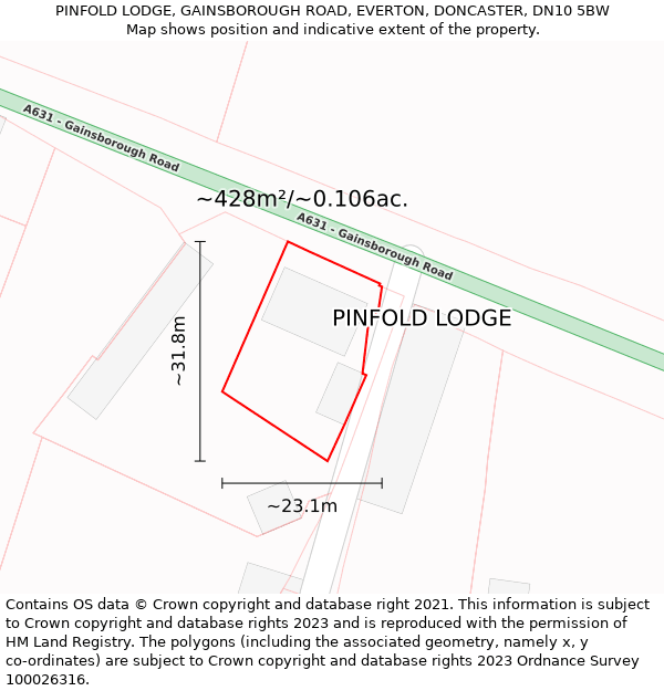 PINFOLD LODGE, GAINSBOROUGH ROAD, EVERTON, DONCASTER, DN10 5BW: Plot and title map