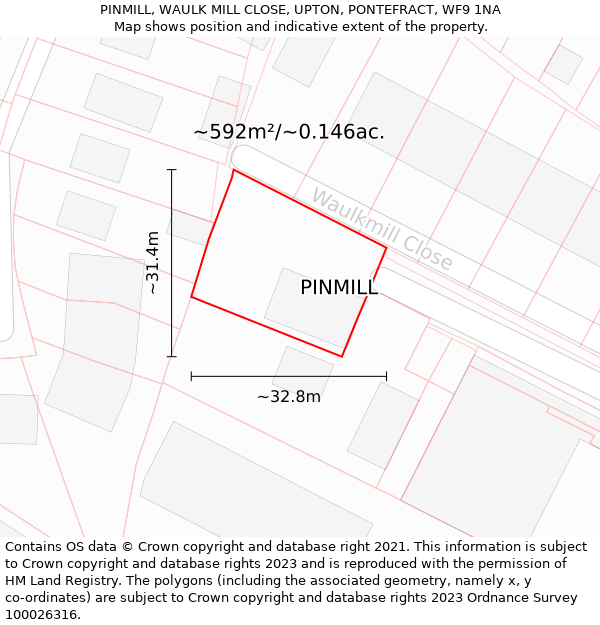 PINMILL, WAULK MILL CLOSE, UPTON, PONTEFRACT, WF9 1NA: Plot and title map