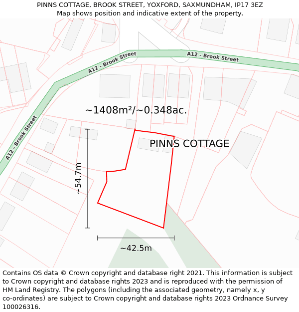 PINNS COTTAGE, BROOK STREET, YOXFORD, SAXMUNDHAM, IP17 3EZ: Plot and title map