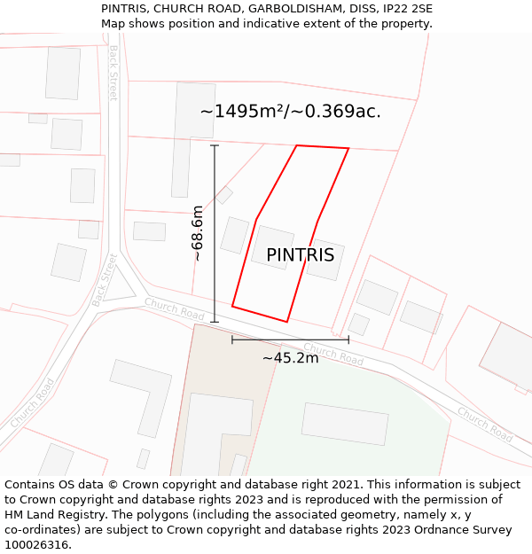 PINTRIS, CHURCH ROAD, GARBOLDISHAM, DISS, IP22 2SE: Plot and title map