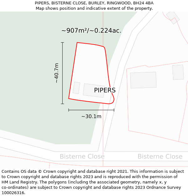 PIPERS, BISTERNE CLOSE, BURLEY, RINGWOOD, BH24 4BA: Plot and title map