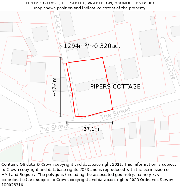 PIPERS COTTAGE, THE STREET, WALBERTON, ARUNDEL, BN18 0PY: Plot and title map