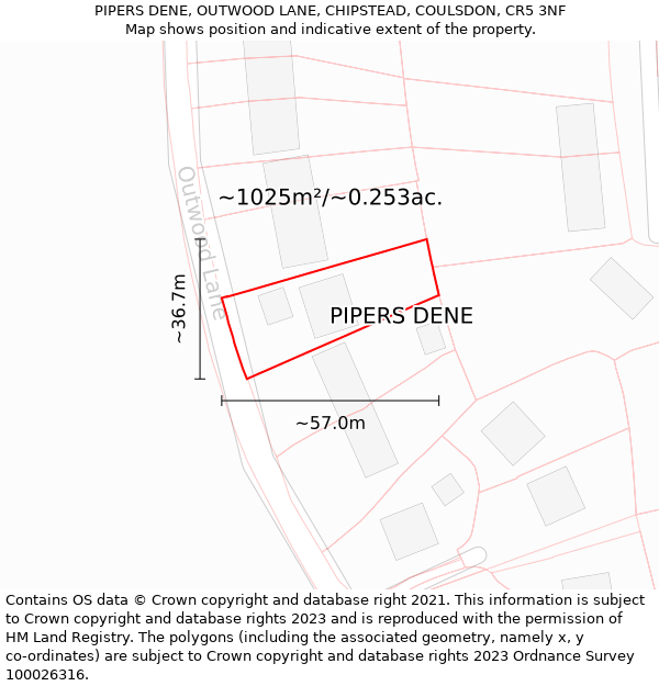 PIPERS DENE, OUTWOOD LANE, CHIPSTEAD, COULSDON, CR5 3NF: Plot and title map