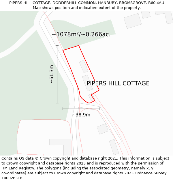 PIPERS HILL COTTAGE, DODDERHILL COMMON, HANBURY, BROMSGROVE, B60 4AU: Plot and title map