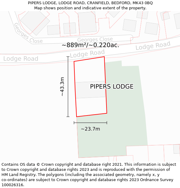 PIPERS LODGE, LODGE ROAD, CRANFIELD, BEDFORD, MK43 0BQ: Plot and title map