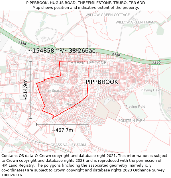 PIPPBROOK, HUGUS ROAD, THREEMILESTONE, TRURO, TR3 6DD: Plot and title map