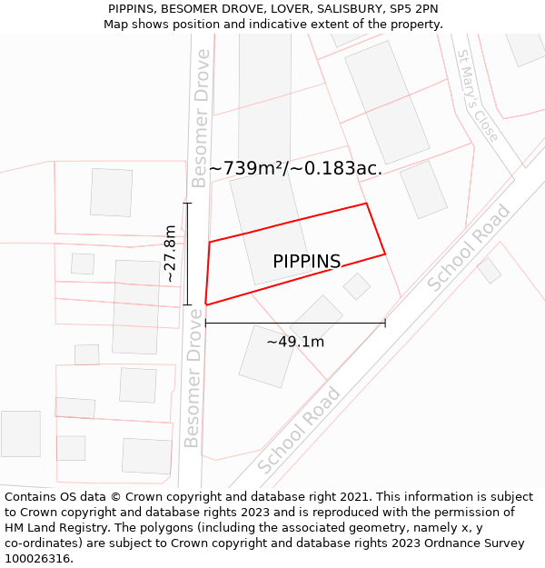 PIPPINS, BESOMER DROVE, LOVER, SALISBURY, SP5 2PN: Plot and title map