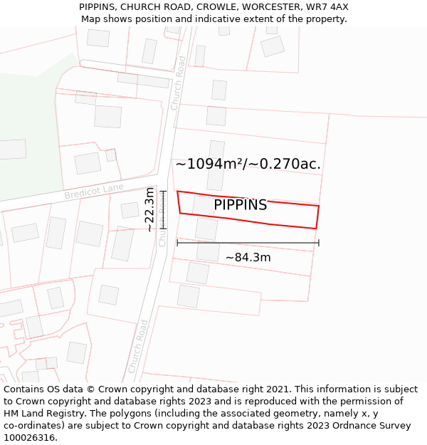 PIPPINS, CHURCH ROAD, CROWLE, WORCESTER, WR7 4AX: Plot and title map