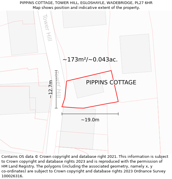 PIPPINS COTTAGE, TOWER HILL, EGLOSHAYLE, WADEBRIDGE, PL27 6HR: Plot and title map