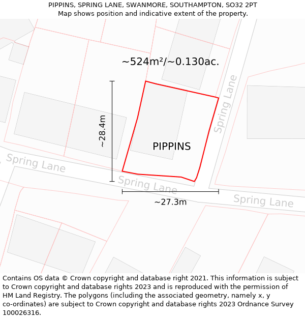 PIPPINS, SPRING LANE, SWANMORE, SOUTHAMPTON, SO32 2PT: Plot and title map