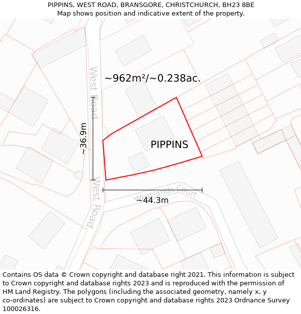 PIPPINS, WEST ROAD, BRANSGORE, CHRISTCHURCH, BH23 8BE: Plot and title map