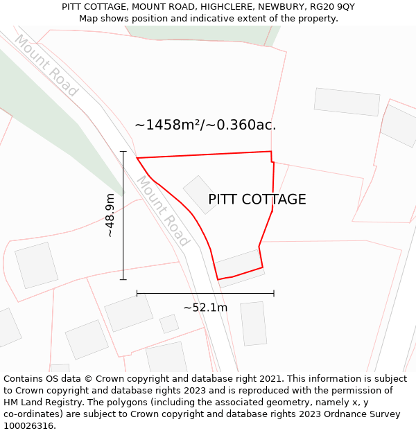 PITT COTTAGE, MOUNT ROAD, HIGHCLERE, NEWBURY, RG20 9QY: Plot and title map