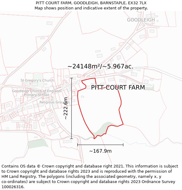 PITT COURT FARM, GOODLEIGH, BARNSTAPLE, EX32 7LX: Plot and title map