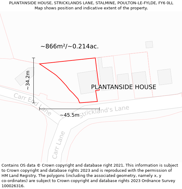 PLANTANSIDE HOUSE, STRICKLANDS LANE, STALMINE, POULTON-LE-FYLDE, FY6 0LL: Plot and title map