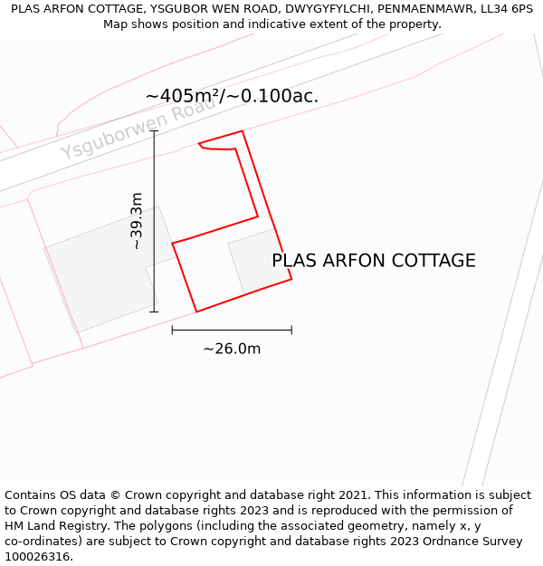 PLAS ARFON COTTAGE, YSGUBOR WEN ROAD, DWYGYFYLCHI, PENMAENMAWR, LL34 6PS: Plot and title map