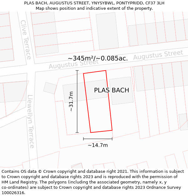 PLAS BACH, AUGUSTUS STREET, YNYSYBWL, PONTYPRIDD, CF37 3LH: Plot and title map