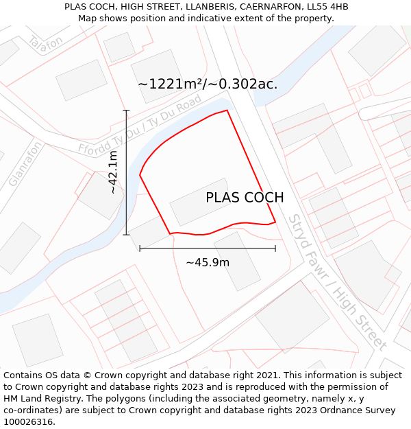 PLAS COCH, HIGH STREET, LLANBERIS, CAERNARFON, LL55 4HB: Plot and title map