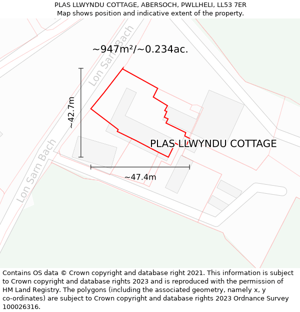 PLAS LLWYNDU COTTAGE, ABERSOCH, PWLLHELI, LL53 7ER: Plot and title map