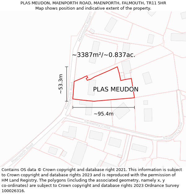 PLAS MEUDON, MAENPORTH ROAD, MAENPORTH, FALMOUTH, TR11 5HR: Plot and title map