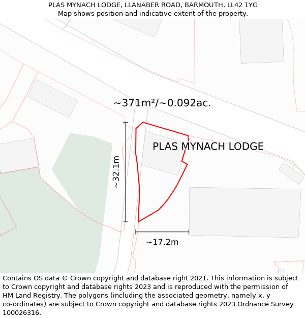 PLAS MYNACH LODGE, LLANABER ROAD, BARMOUTH, LL42 1YG: Plot and title map