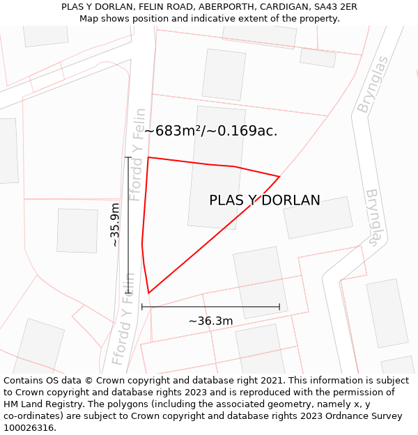 PLAS Y DORLAN, FELIN ROAD, ABERPORTH, CARDIGAN, SA43 2ER: Plot and title map