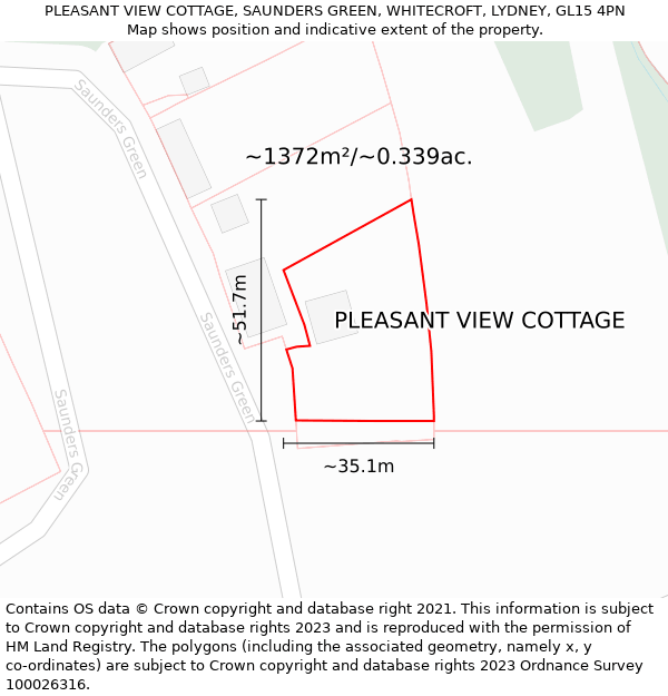 PLEASANT VIEW COTTAGE, SAUNDERS GREEN, WHITECROFT, LYDNEY, GL15 4PN: Plot and title map