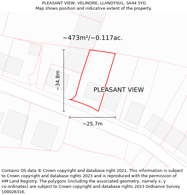 PLEASANT VIEW, VELINDRE, LLANDYSUL, SA44 5YG: Plot and title map