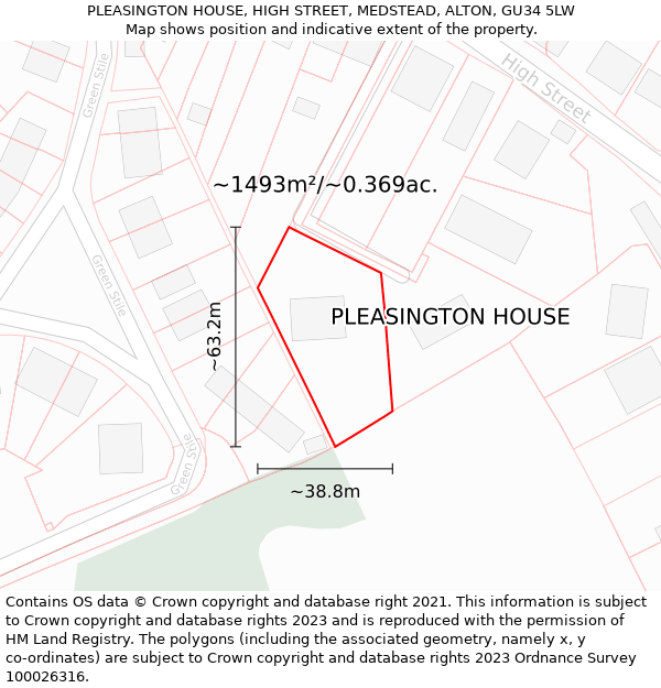 PLEASINGTON HOUSE, HIGH STREET, MEDSTEAD, ALTON, GU34 5LW: Plot and title map