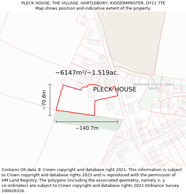 PLECK HOUSE, THE VILLAGE, HARTLEBURY, KIDDERMINSTER, DY11 7TE: Plot and title map