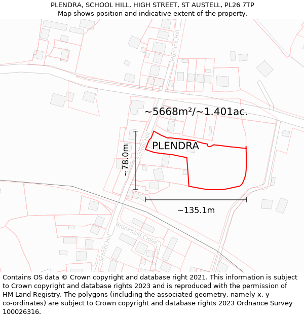 PLENDRA, SCHOOL HILL, HIGH STREET, ST AUSTELL, PL26 7TP: Plot and title map