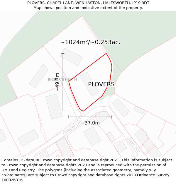 PLOVERS, CHAPEL LANE, WENHASTON, HALESWORTH, IP19 9DT: Plot and title map