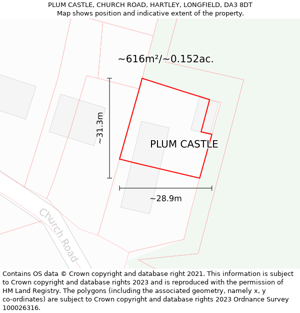 PLUM CASTLE, CHURCH ROAD, HARTLEY, LONGFIELD, DA3 8DT: Plot and title map