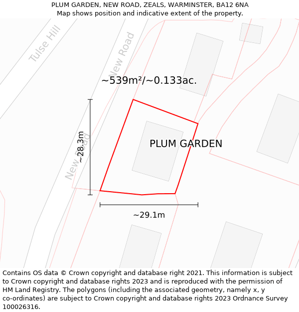 PLUM GARDEN, NEW ROAD, ZEALS, WARMINSTER, BA12 6NA: Plot and title map