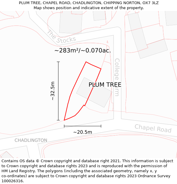 PLUM TREE, CHAPEL ROAD, CHADLINGTON, CHIPPING NORTON, OX7 3LZ: Plot and title map