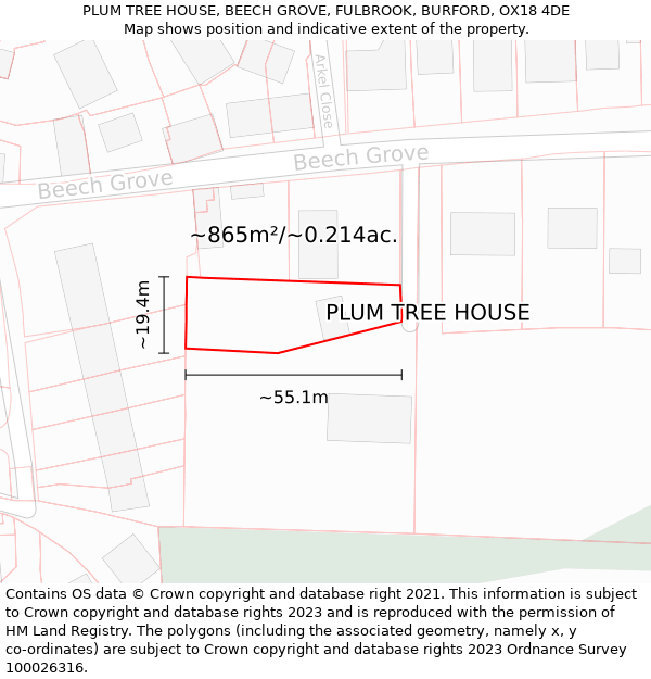 PLUM TREE HOUSE, BEECH GROVE, FULBROOK, BURFORD, OX18 4DE: Plot and title map