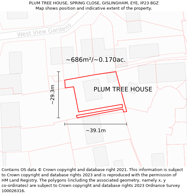 PLUM TREE HOUSE, SPRING CLOSE, GISLINGHAM, EYE, IP23 8GZ: Plot and title map