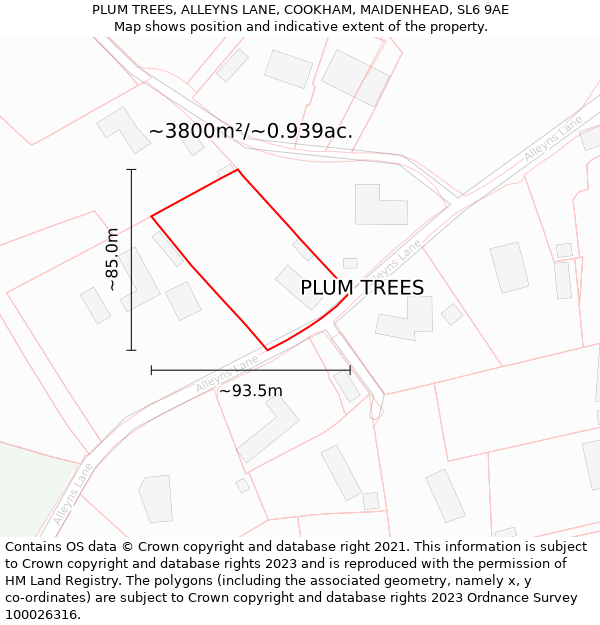PLUM TREES, ALLEYNS LANE, COOKHAM, MAIDENHEAD, SL6 9AE: Plot and title map