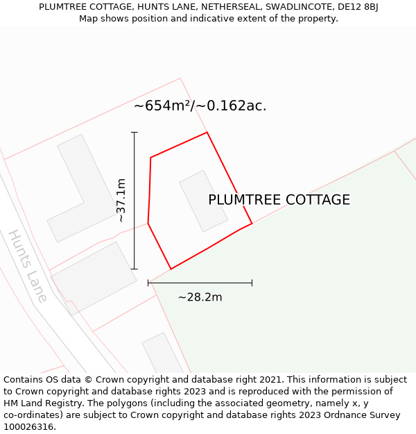 PLUMTREE COTTAGE, HUNTS LANE, NETHERSEAL, SWADLINCOTE, DE12 8BJ: Plot and title map