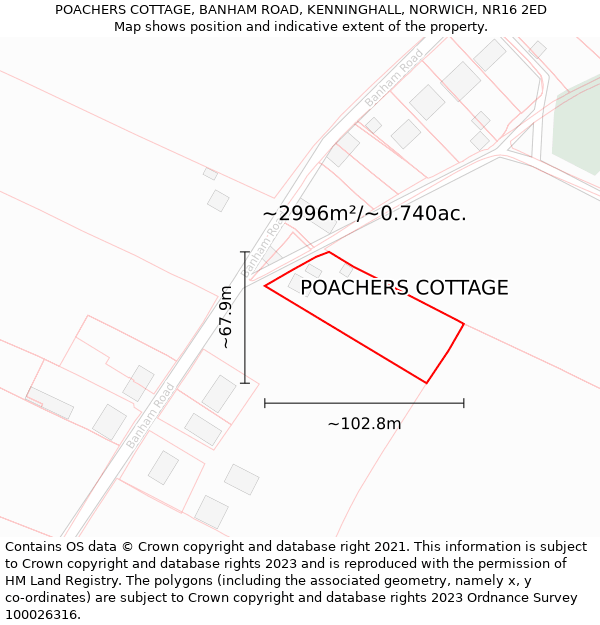 POACHERS COTTAGE, BANHAM ROAD, KENNINGHALL, NORWICH, NR16 2ED: Plot and title map
