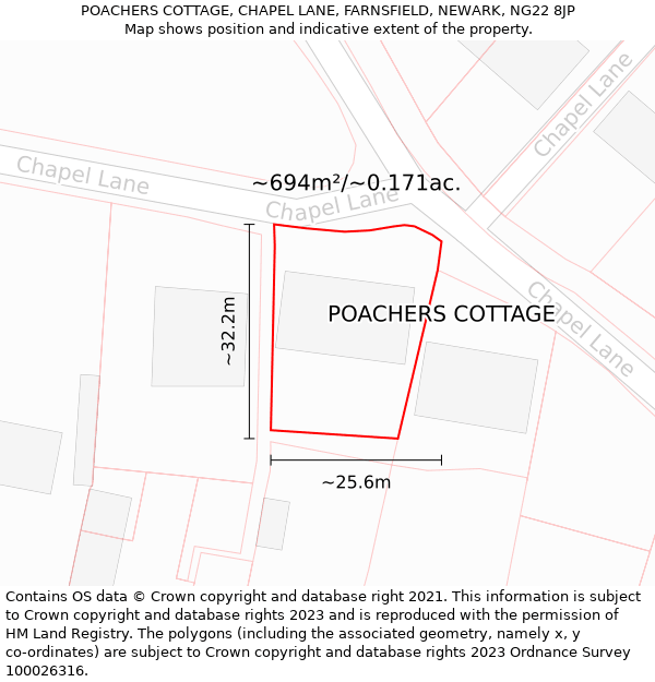 POACHERS COTTAGE, CHAPEL LANE, FARNSFIELD, NEWARK, NG22 8JP: Plot and title map