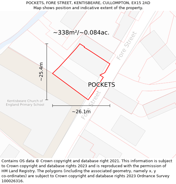 POCKETS, FORE STREET, KENTISBEARE, CULLOMPTON, EX15 2AD: Plot and title map