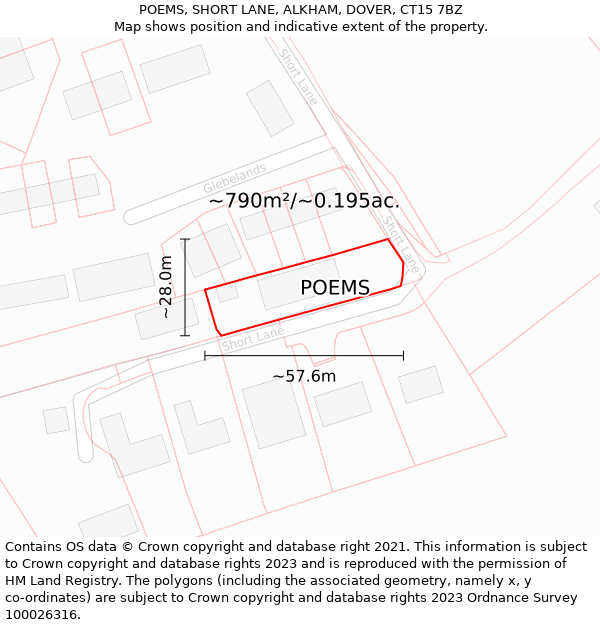 POEMS, SHORT LANE, ALKHAM, DOVER, CT15 7BZ: Plot and title map