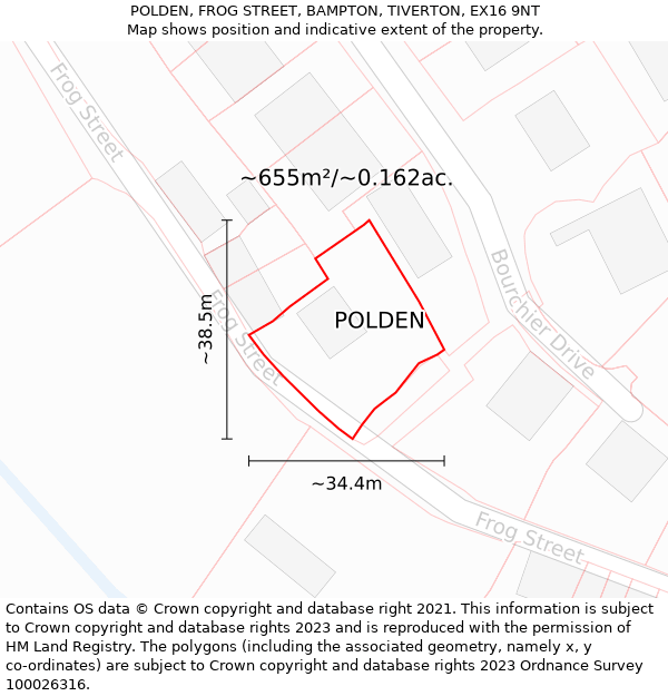 POLDEN, FROG STREET, BAMPTON, TIVERTON, EX16 9NT: Plot and title map