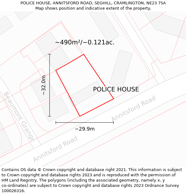 POLICE HOUSE, ANNITSFORD ROAD, SEGHILL, CRAMLINGTON, NE23 7SA: Plot and title map