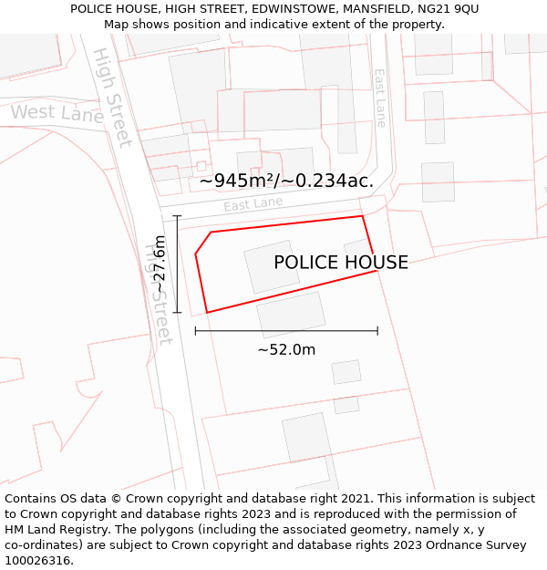 POLICE HOUSE, HIGH STREET, EDWINSTOWE, MANSFIELD, NG21 9QU: Plot and title map