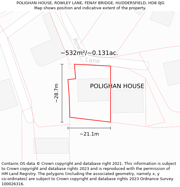 POLIGHAN HOUSE, ROWLEY LANE, FENAY BRIDGE, HUDDERSFIELD, HD8 0JG: Plot and title map